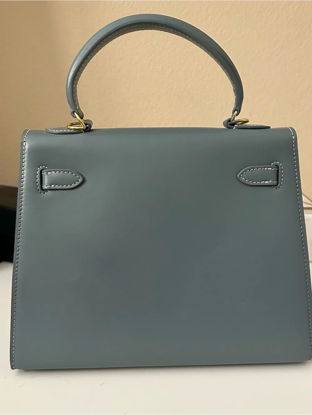 25cm Gold on Slate Blue Box Leather Top-Handle Satchel KL Style